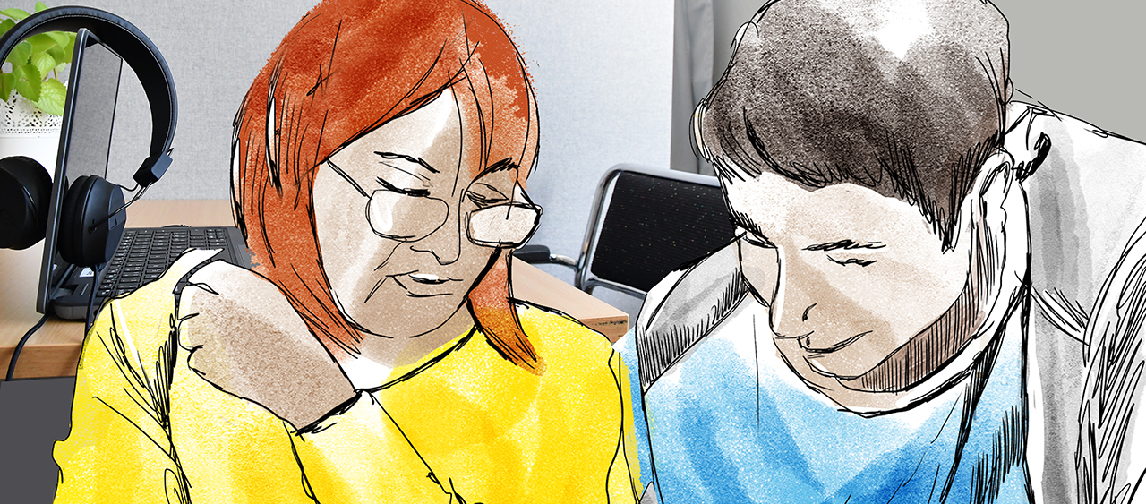 Illustration med två personer som tittar ner på något, med en dator och hörlurar i bakgrunden.
